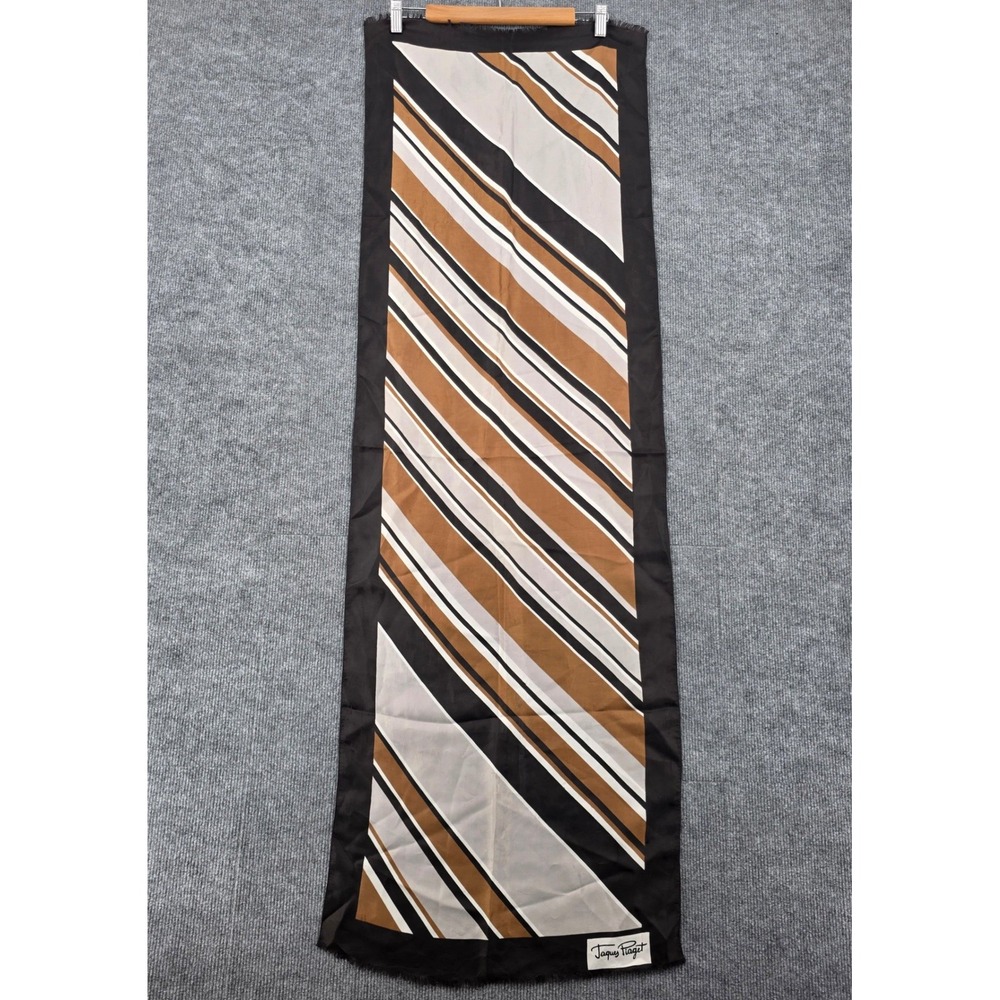 Jaques Piaget Vintage Striped Scarf Black Brown Tan White Geometric Fringed 7x53